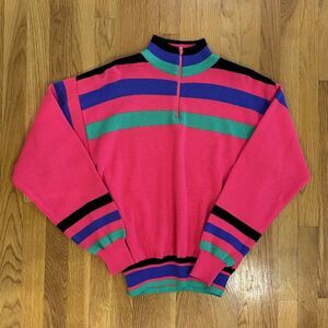 Vintage Herman’s Women’s Zip Medium Sweater Pink Purple Teal Stripe 80’s 90’s